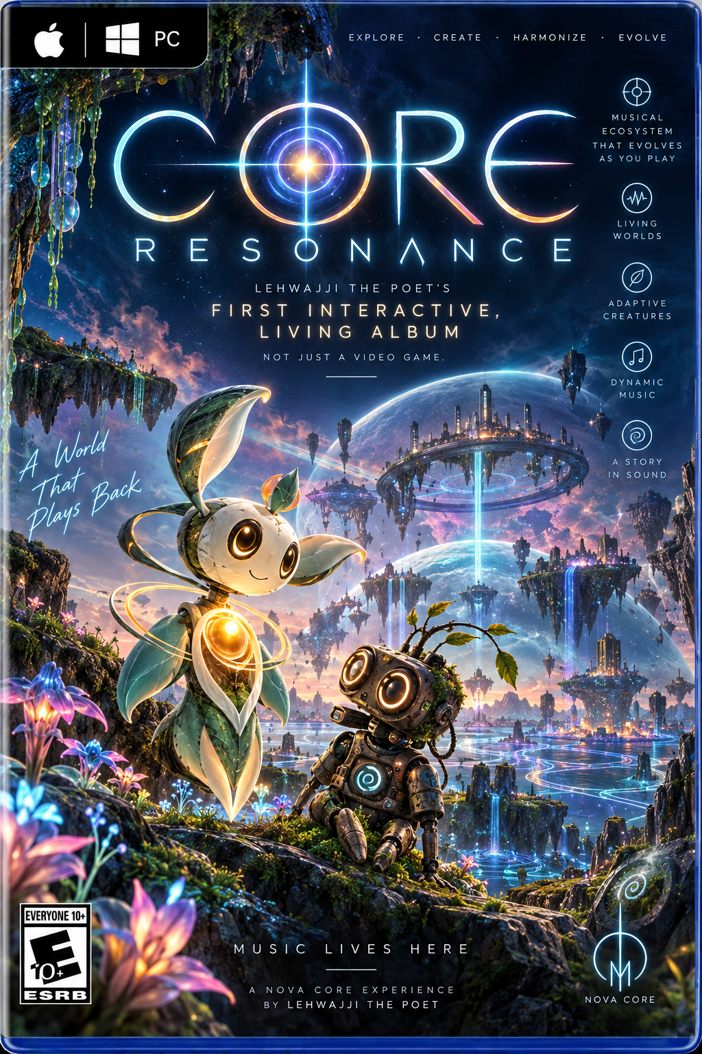 Core Resonance artwork with robotic creatures in a floating musical ecosystem