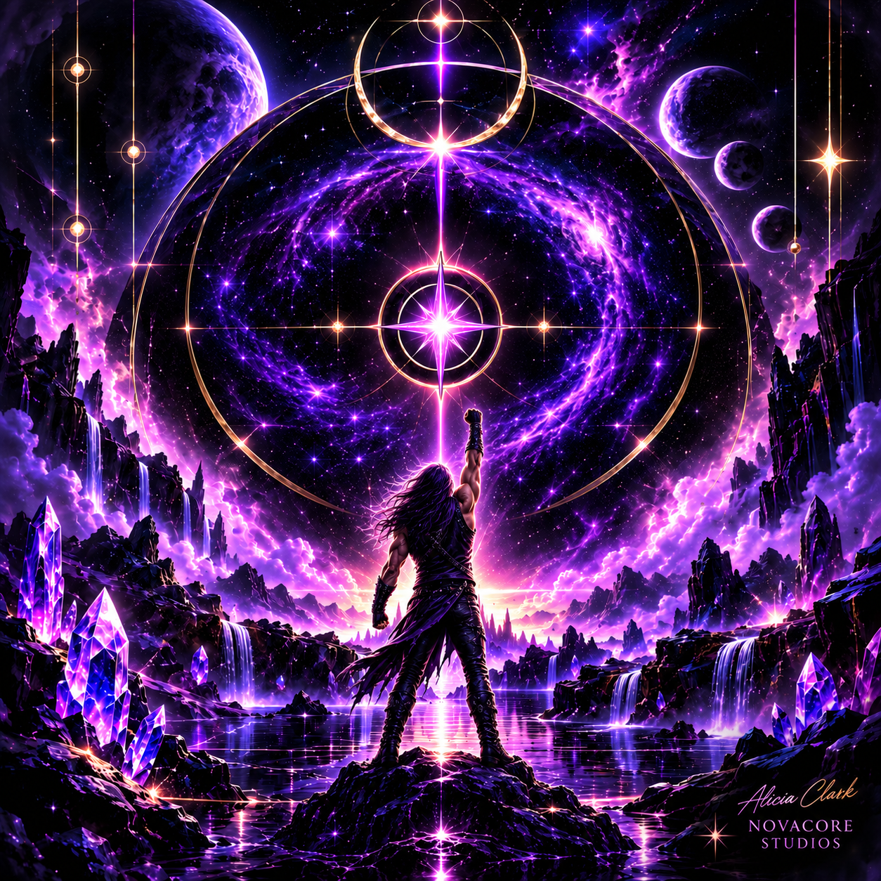Man standing beneath luminous celestial geometry with one fist raised in a purple cosmic landscape