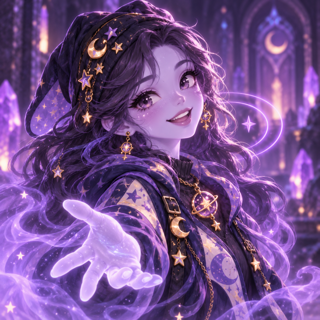 liveNOVA hero artwork from Iris and the Starforge, with a violet star-patterned hood, celestial jewelry and a glowing outstretched hand